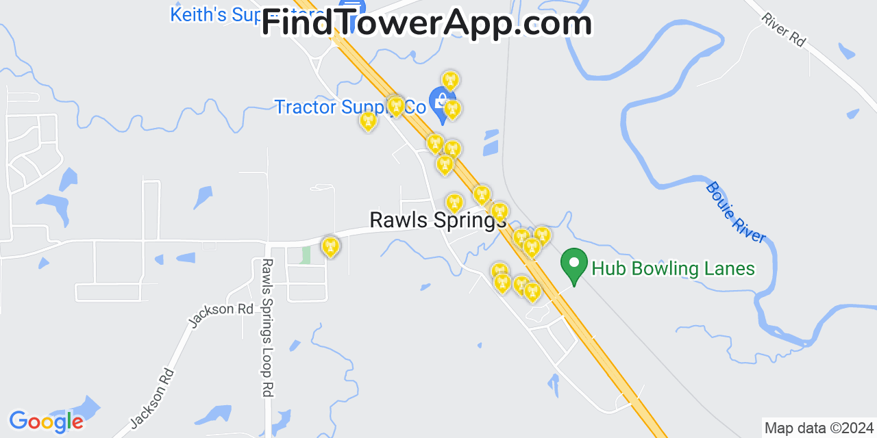 AT&T 4G/5G cell tower coverage map Rawls Springs, Mississippi