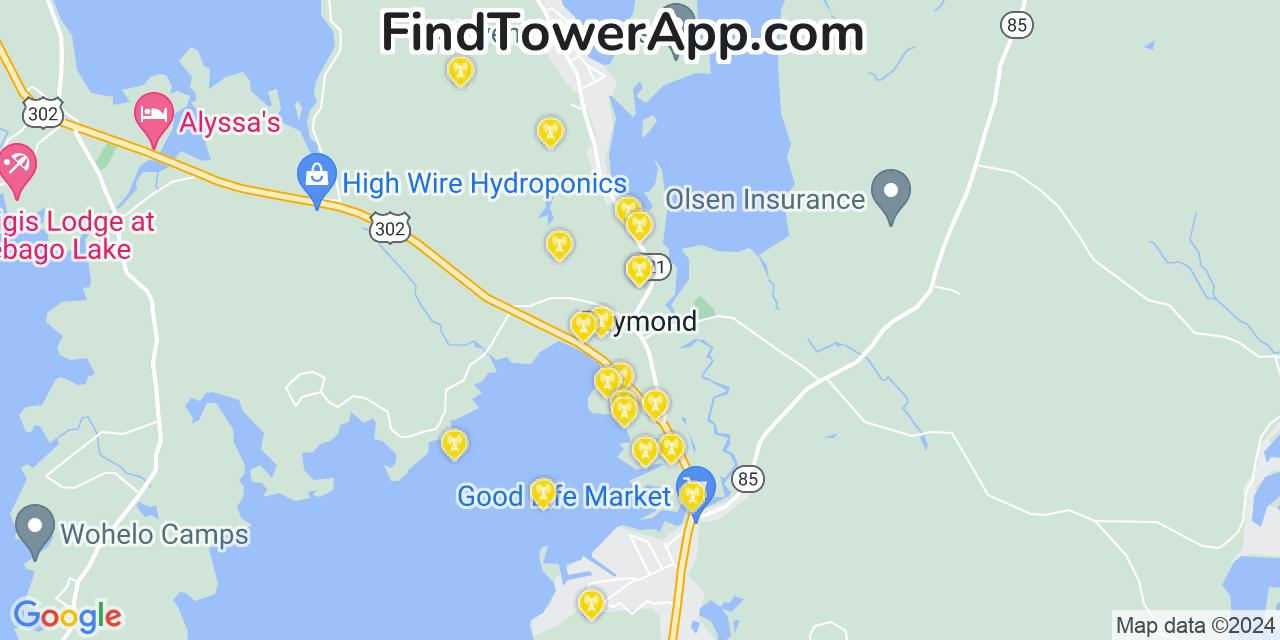AT&T 4G/5G cell tower coverage map Raymond, Maine