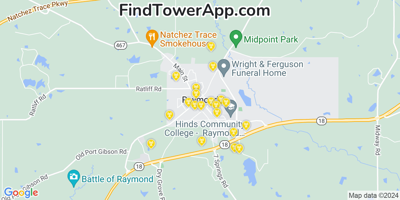 AT&T 4G/5G cell tower coverage map Raymond, Mississippi