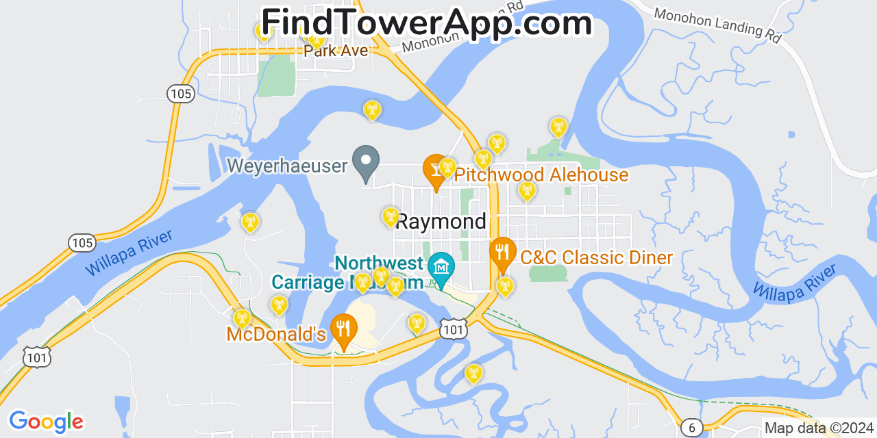 AT&T 4G/5G cell tower coverage map Raymond, Washington