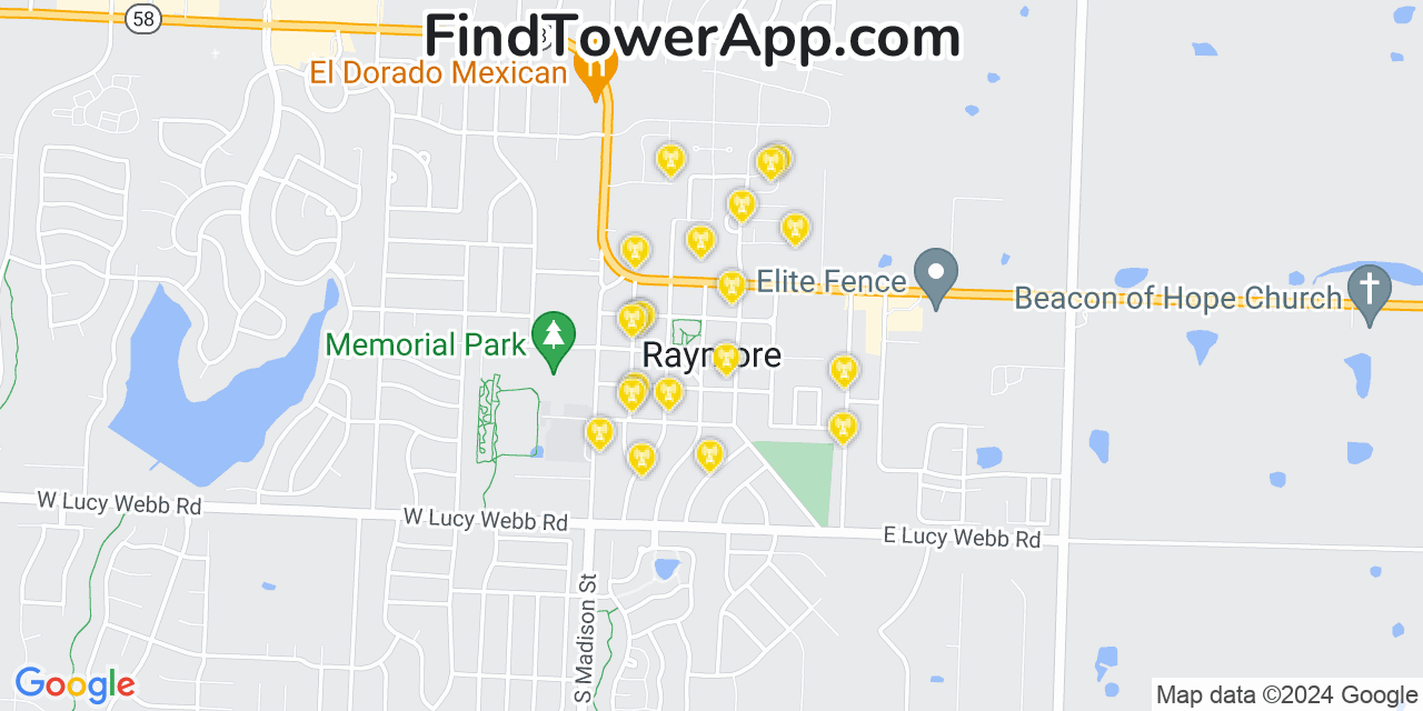 AT&T 4G/5G cell tower coverage map Raymore, Missouri