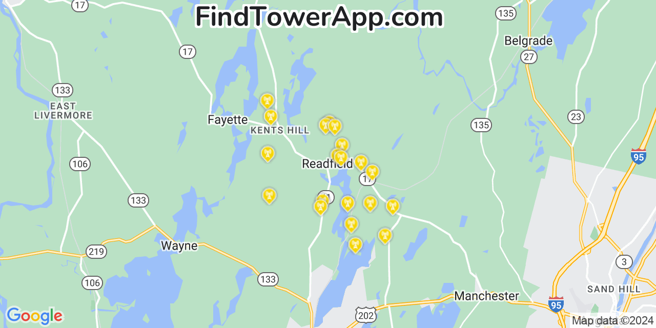 AT&T 4G/5G cell tower coverage map Readfield, Maine