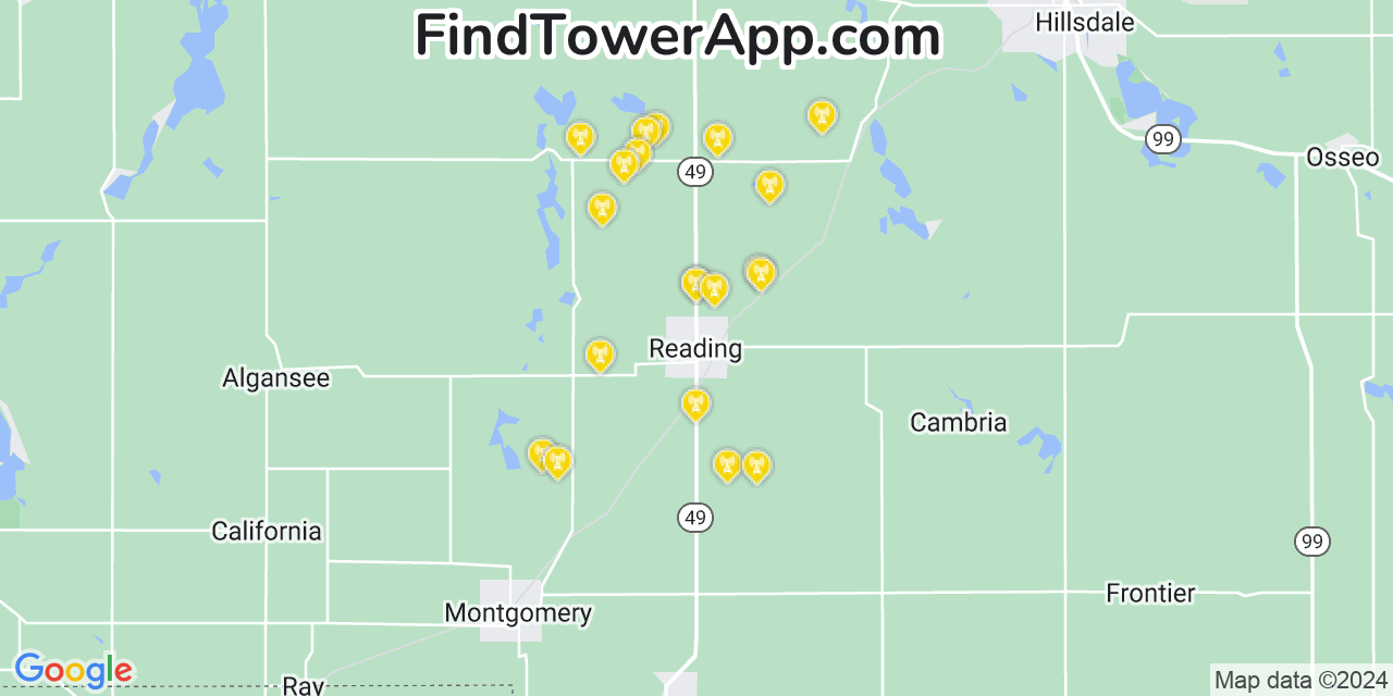 AT&T 4G/5G cell tower coverage map Reading, Michigan