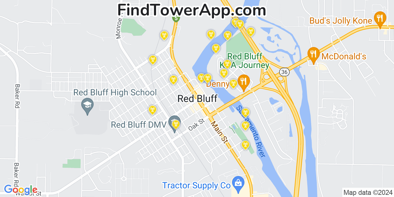AT&T 4G/5G cell tower coverage map Red Bluff, California