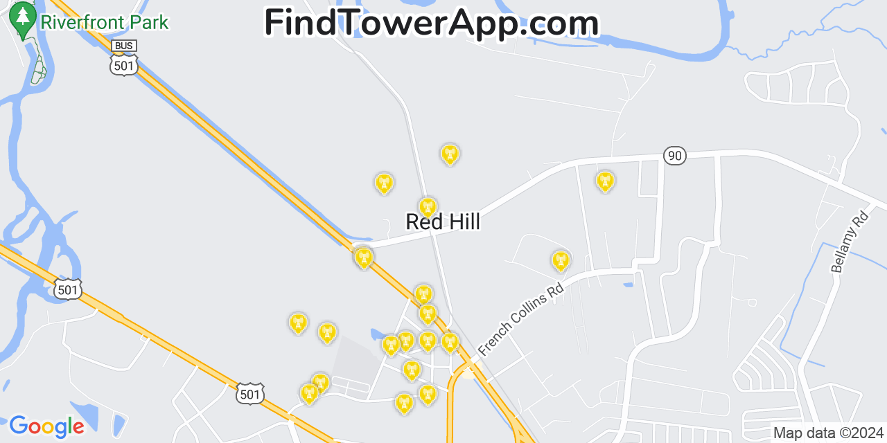 AT&T 4G/5G cell tower coverage map Red Hill, South Carolina