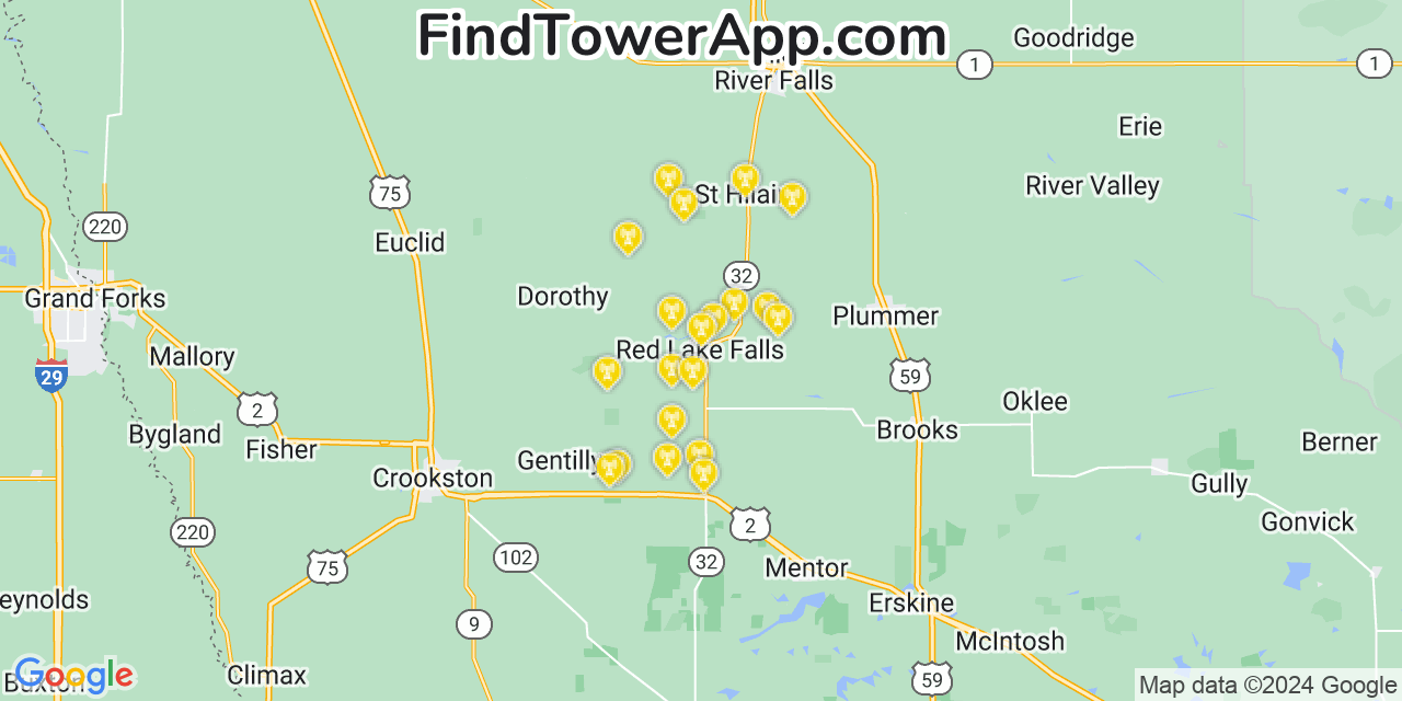AT&T 4G/5G cell tower coverage map Red Lake Falls, Minnesota