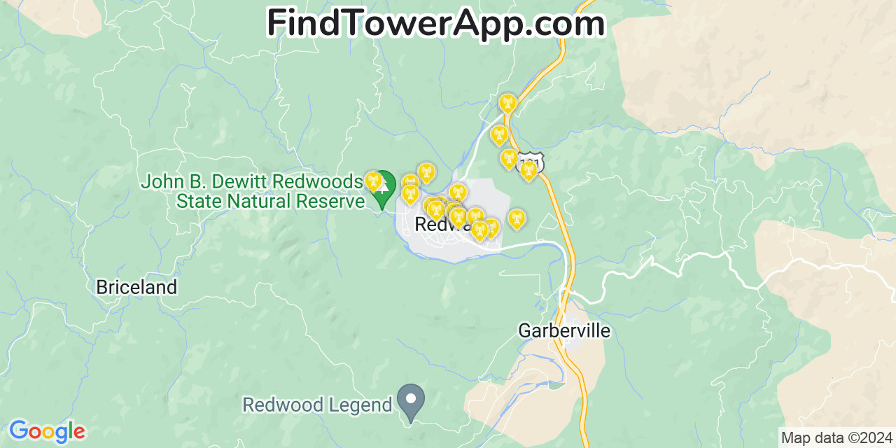 AT&T 4G/5G cell tower coverage map Redway, California