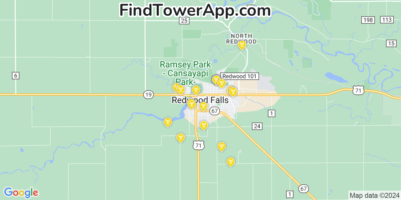 Verizon 4G/5G cell tower coverage map Redwood Falls, Minnesota