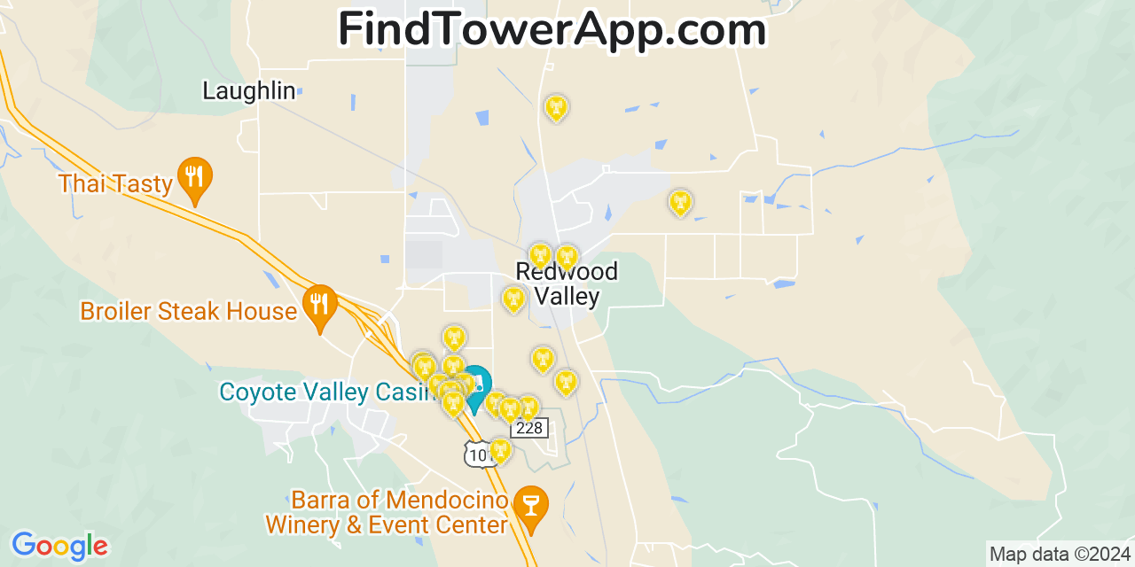 Verizon 4G/5G cell tower coverage map Redwood Valley, California