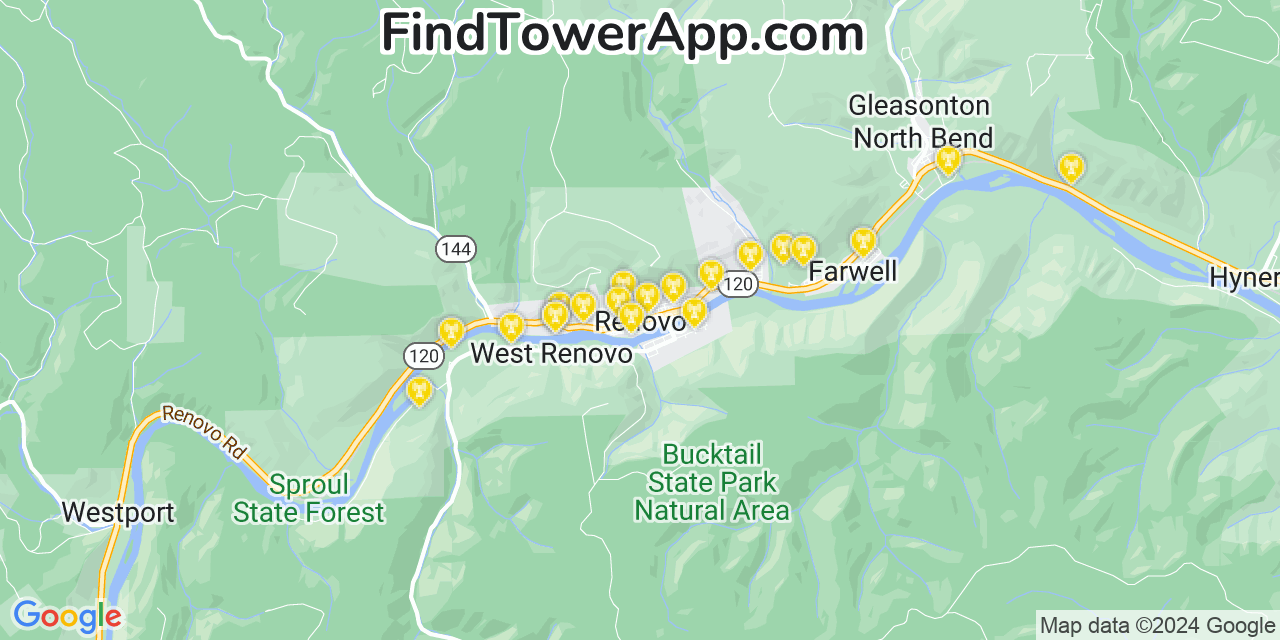AT&T 4G/5G cell tower coverage map Renovo, Pennsylvania