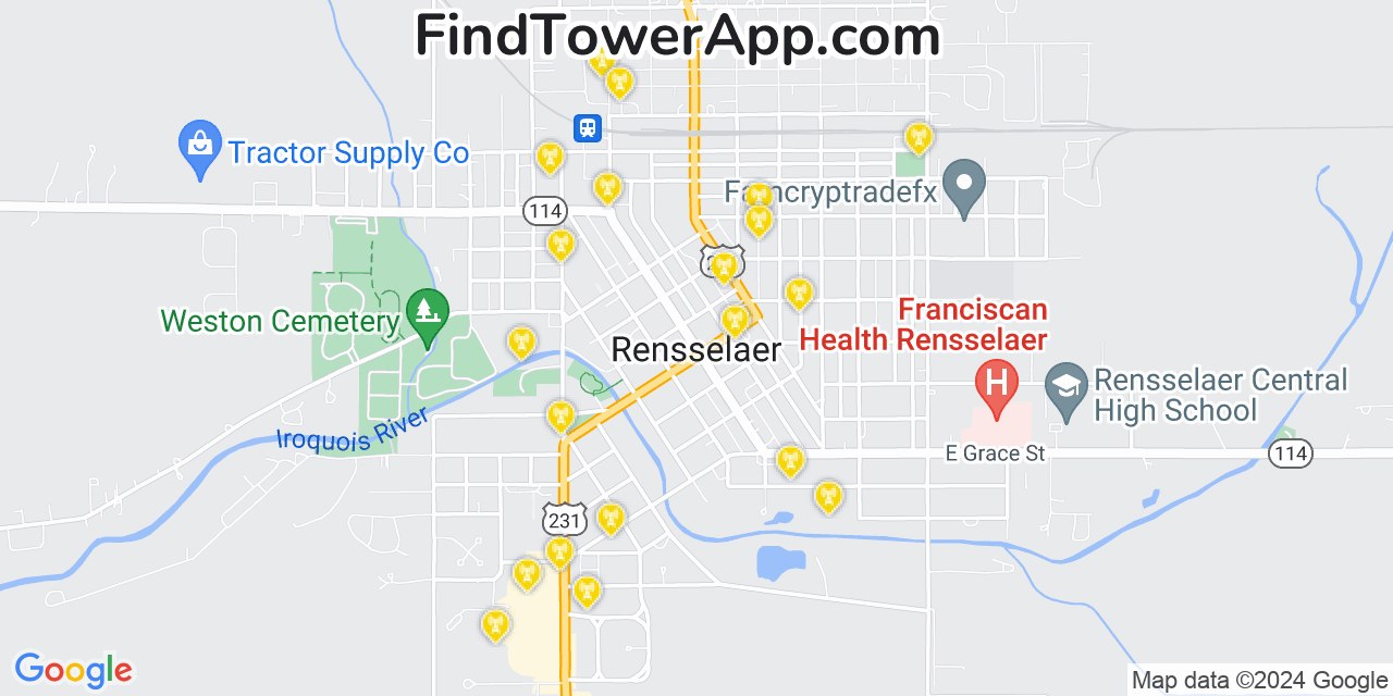AT&T 4G/5G cell tower coverage map Rensselaer, Indiana
