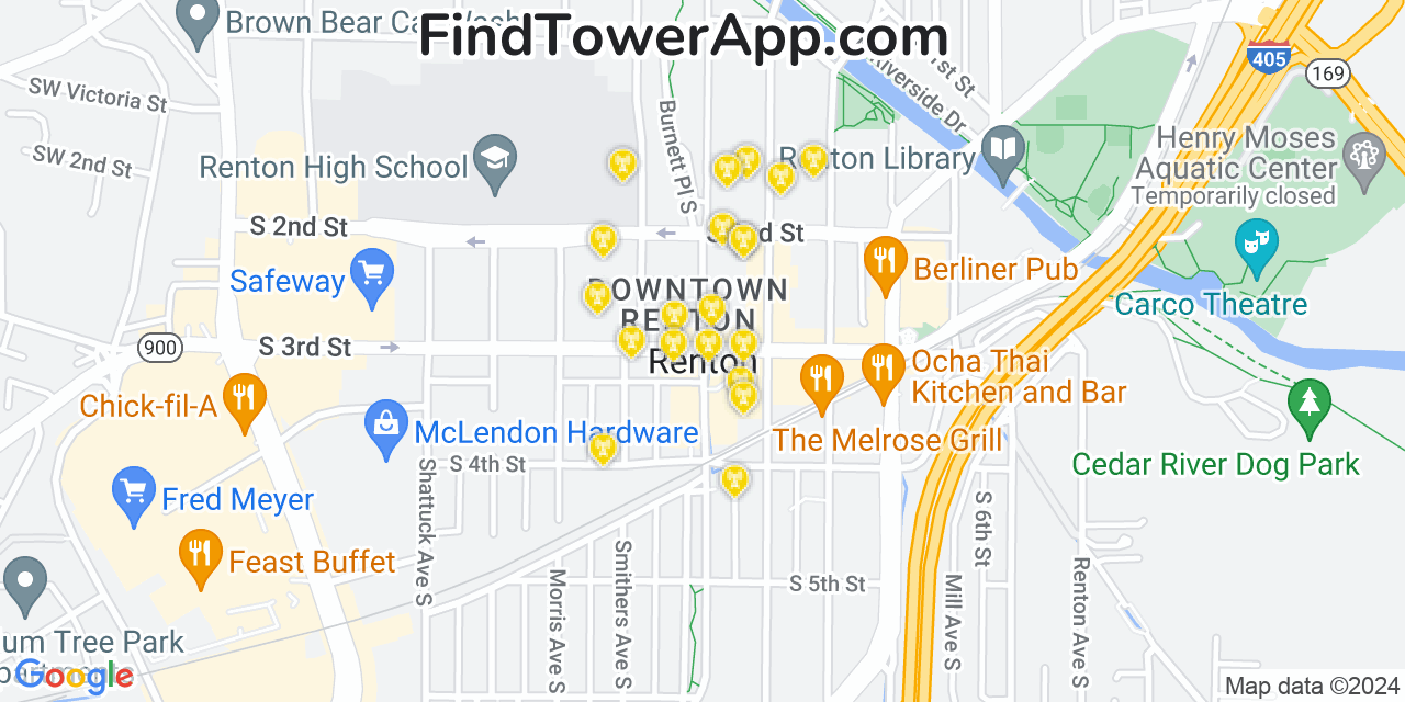 AT&T 4G/5G cell tower coverage map Renton, Washington