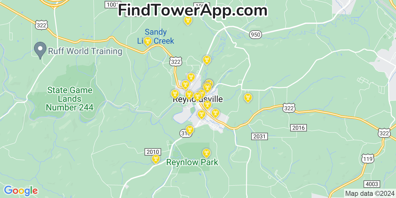 AT&T 4G/5G cell tower coverage map Reynoldsville, Pennsylvania