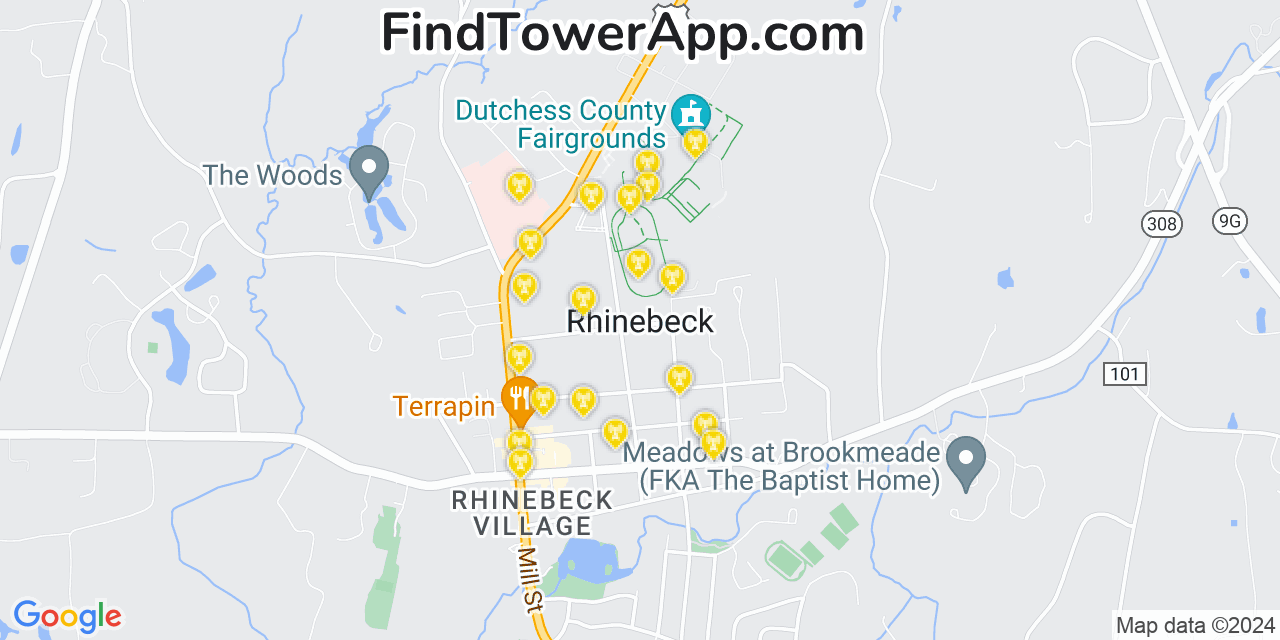 AT&T 4G/5G cell tower coverage map Rhinebeck, New York