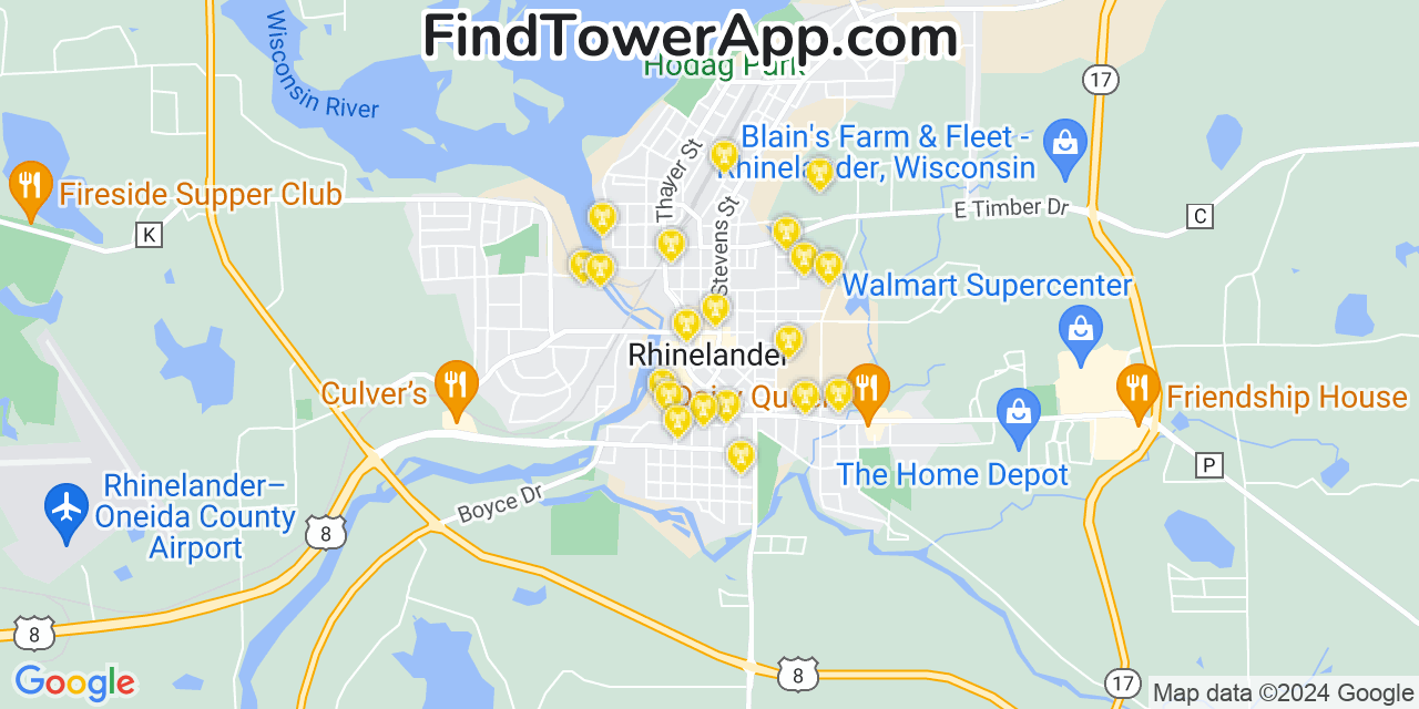 AT&T 4G/5G cell tower coverage map Rhinelander, Wisconsin