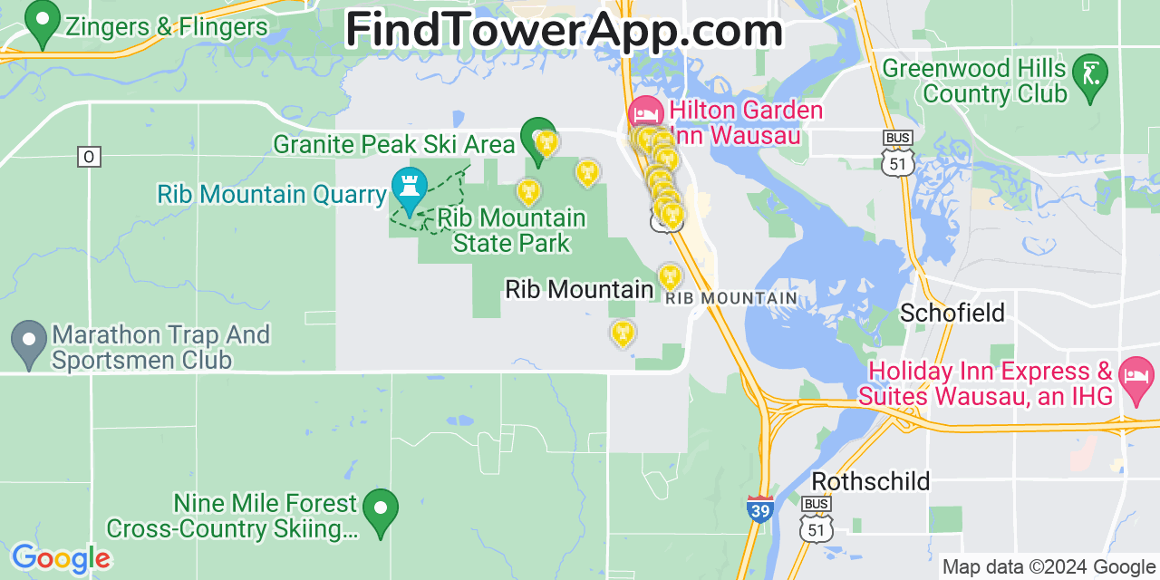 AT&T 4G/5G cell tower coverage map Rib Mountain, Wisconsin