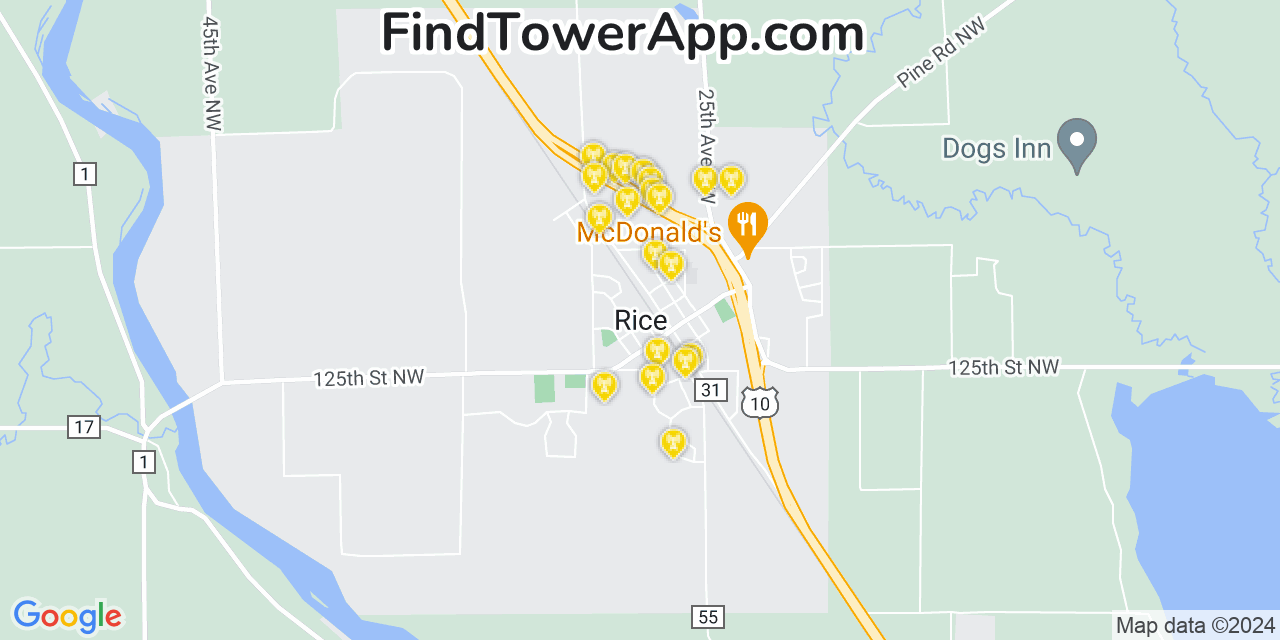AT&T 4G/5G cell tower coverage map Rice, Minnesota