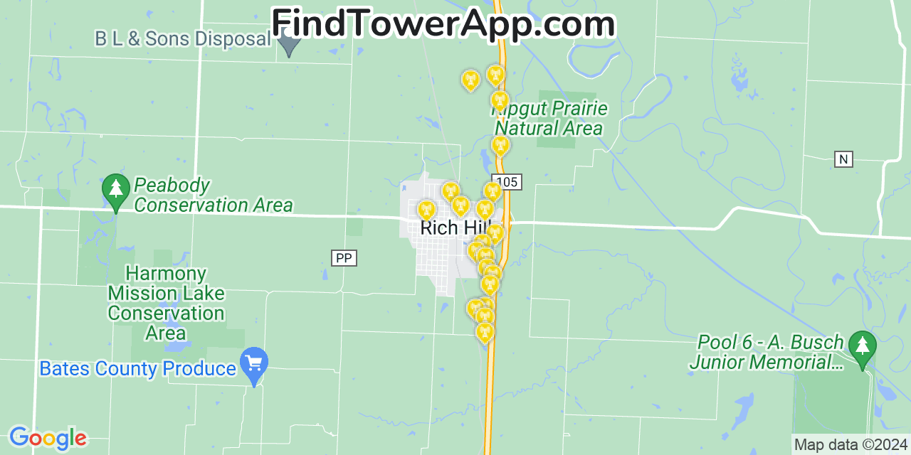 AT&T 4G/5G cell tower coverage map Rich Hill, Missouri