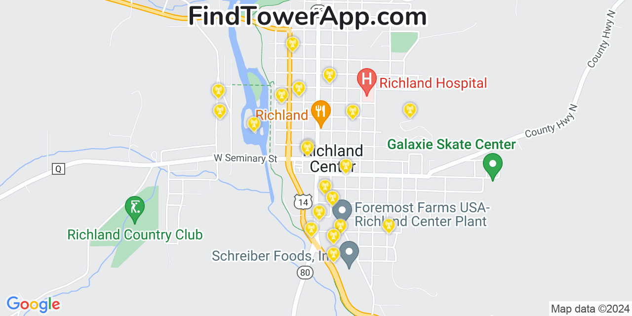 AT&T 4G/5G cell tower coverage map Richland Center, Wisconsin