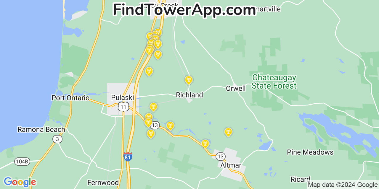 AT&T 4G/5G cell tower coverage map Richland, New York