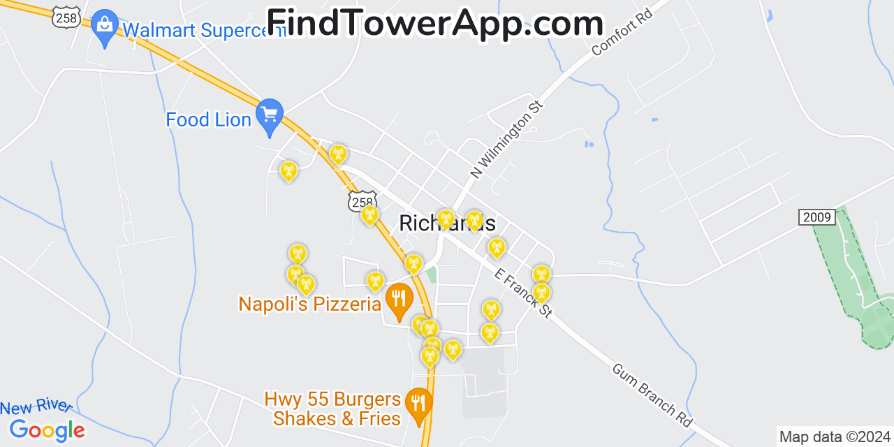 AT&T 4G/5G cell tower coverage map Richlands, North Carolina