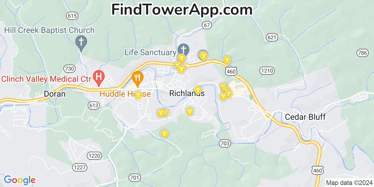 AT&T 4G/5G cell tower coverage map Richlands, Virginia
