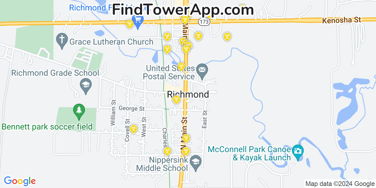 AT&T 4G/5G cell tower coverage map Richmond, Illinois
