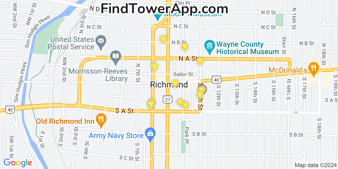 AT&T 4G/5G cell tower coverage map Richmond, Indiana