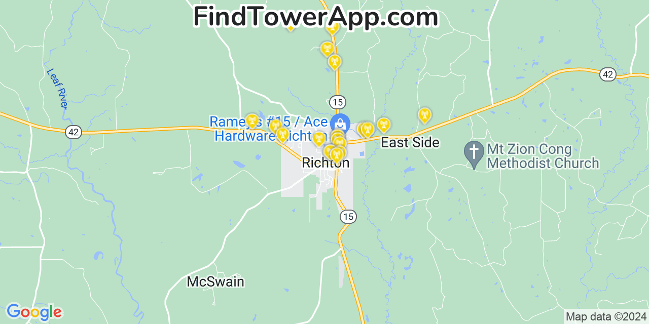 AT&T 4G/5G cell tower coverage map Richton, Mississippi