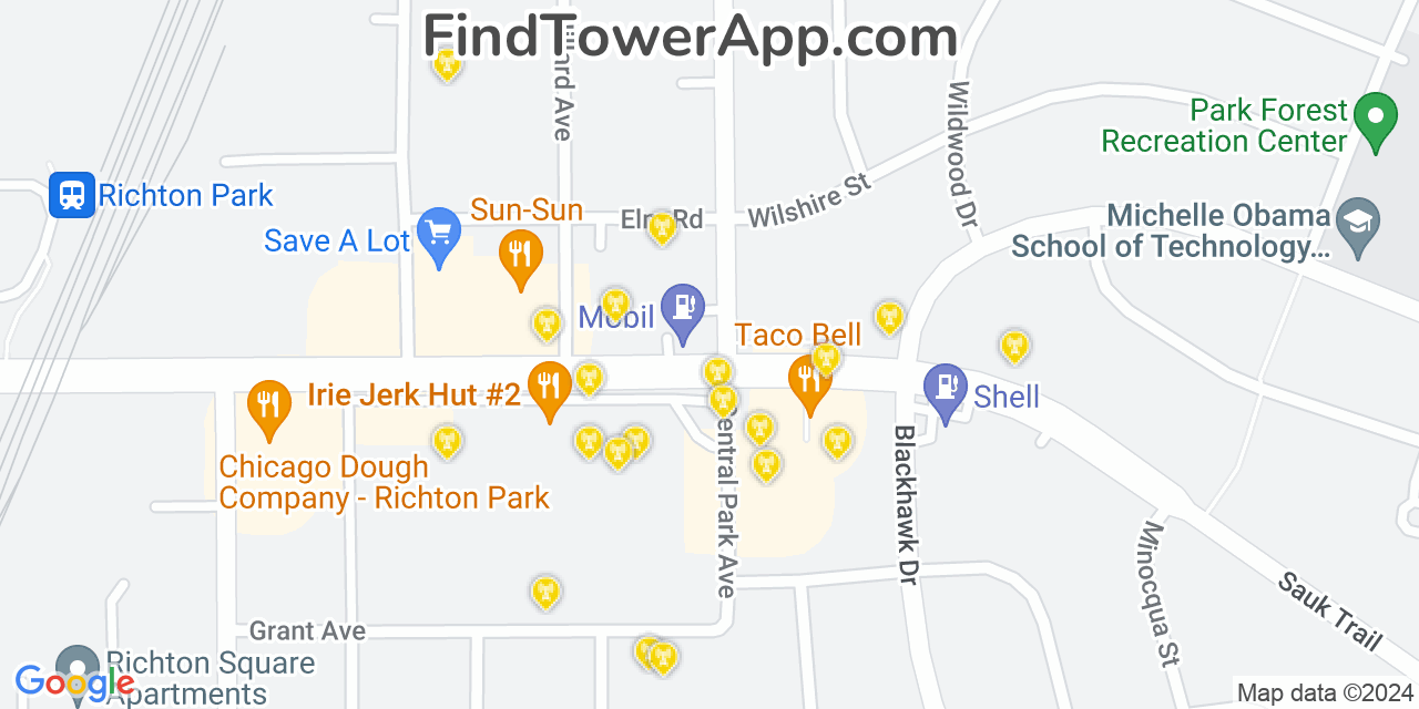 AT&T 4G/5G cell tower coverage map Richton Park, Illinois