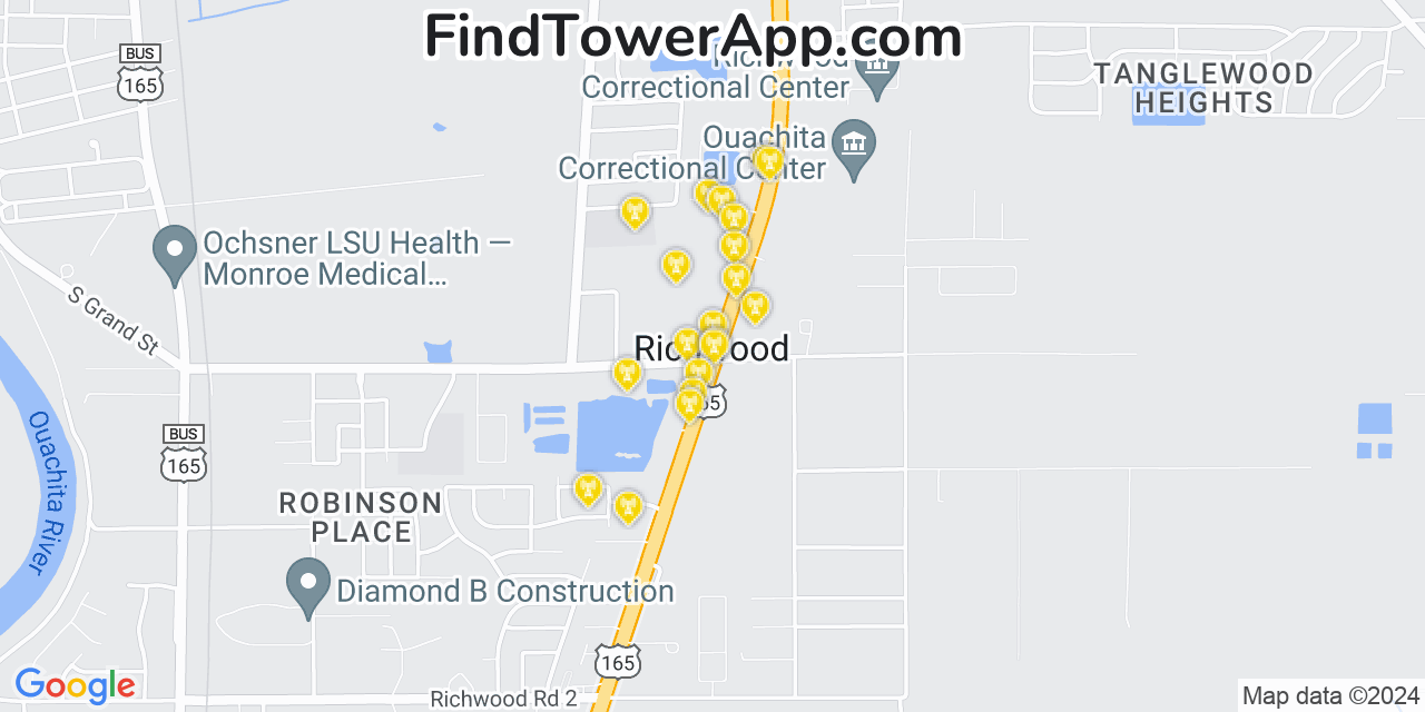 AT&T 4G/5G cell tower coverage map Richwood, Louisiana