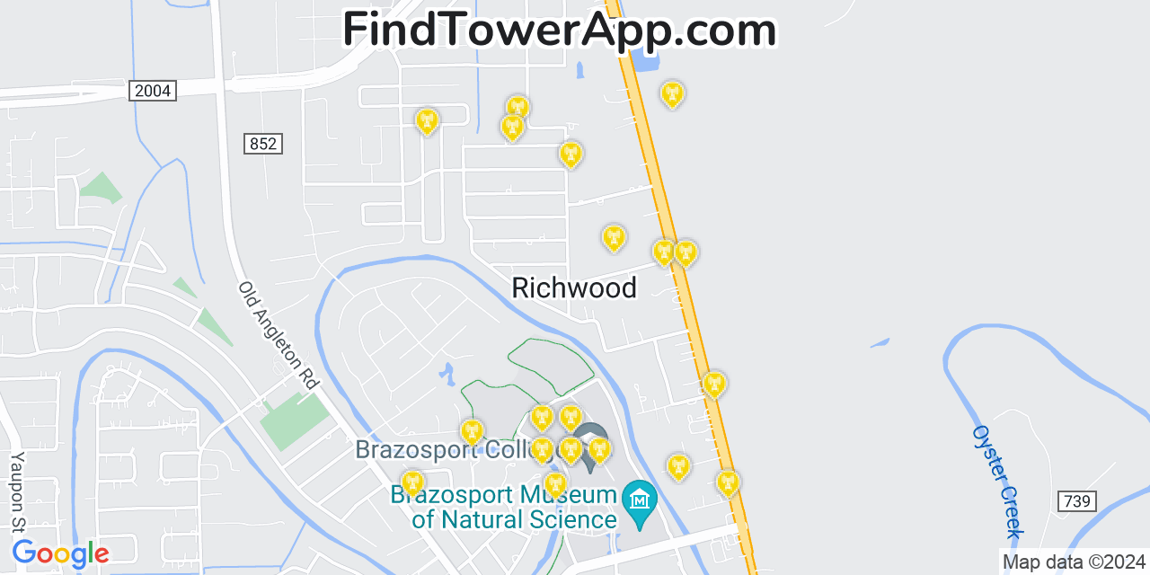 AT&T 4G/5G cell tower coverage map Richwood, Texas