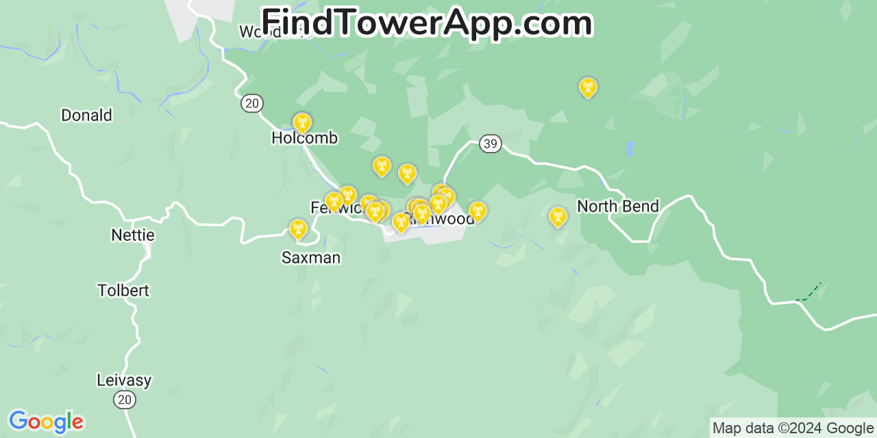 AT&T 4G/5G cell tower coverage map Richwood, West Virginia