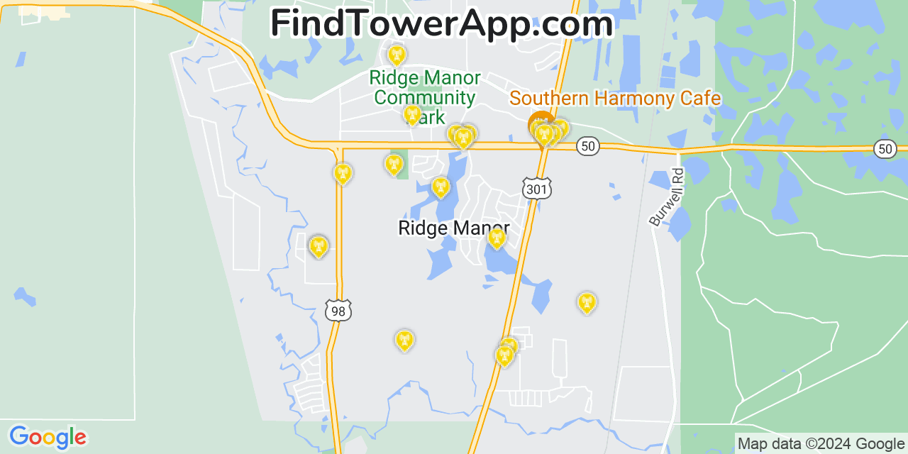 AT&T 4G/5G cell tower coverage map Ridge Manor, Florida