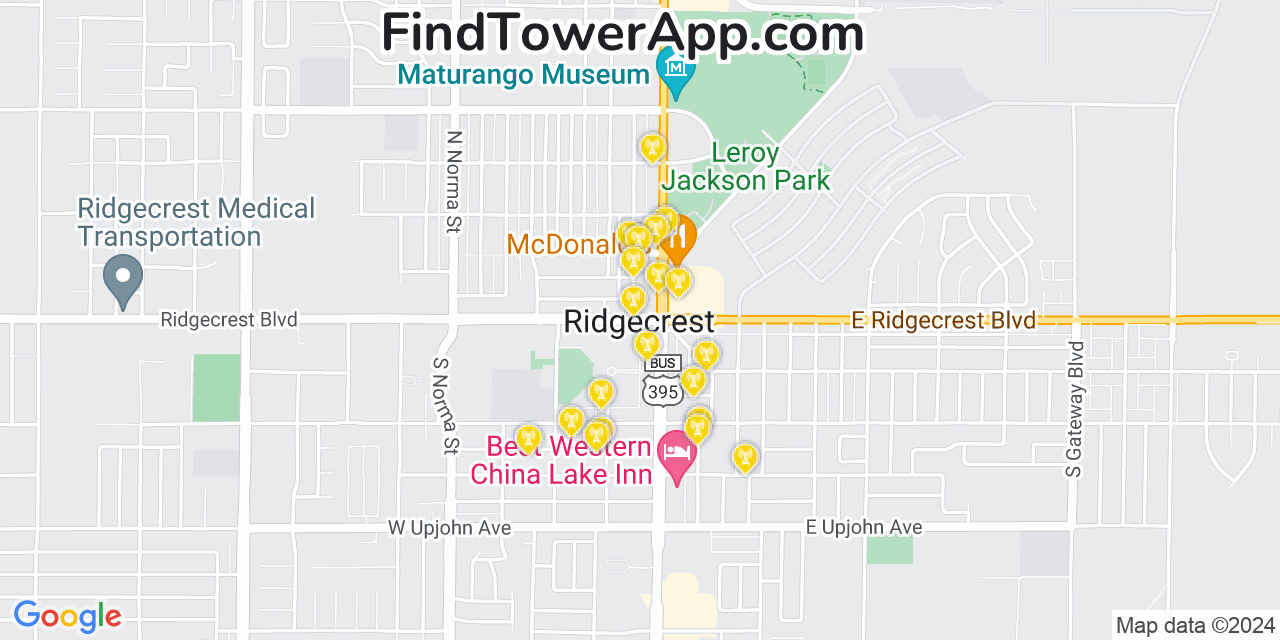 AT&T 4G/5G cell tower coverage map Ridgecrest, California
