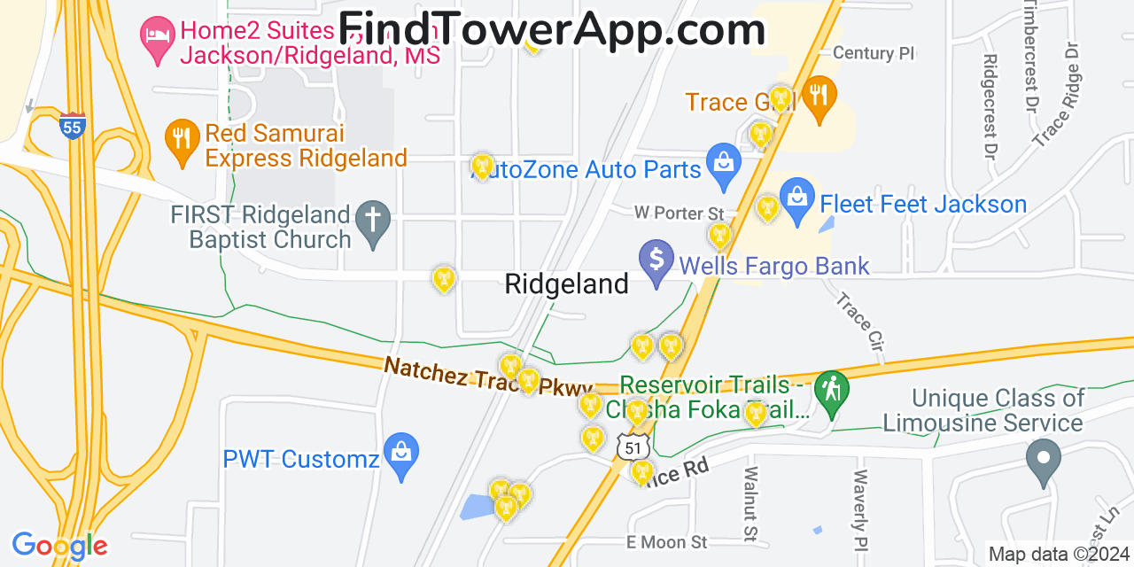 AT&T 4G/5G cell tower coverage map Ridgeland, Mississippi