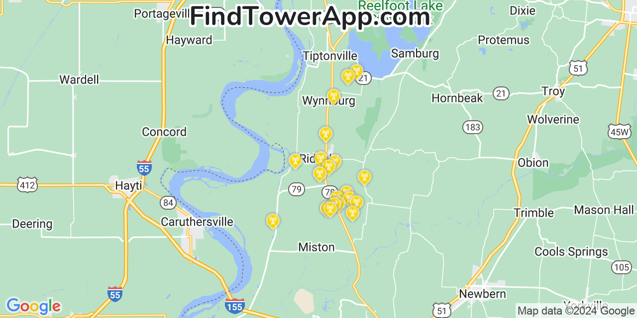 AT&T 4G/5G cell tower coverage map Ridgely, Tennessee