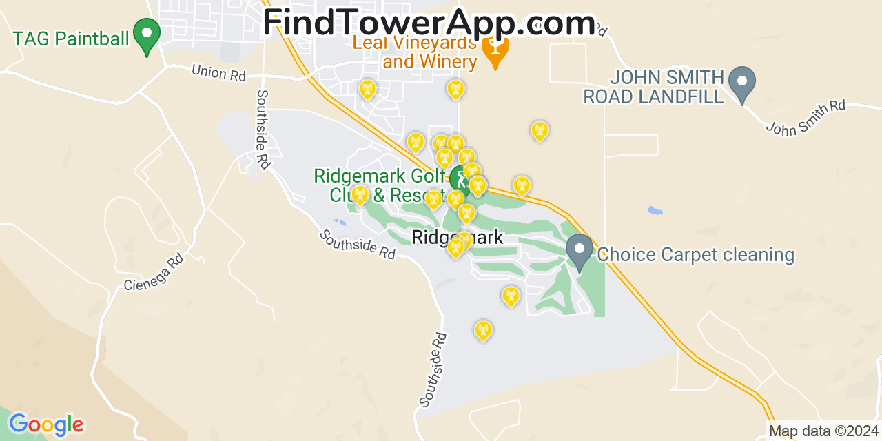 AT&T 4G/5G cell tower coverage map Ridgemark, California