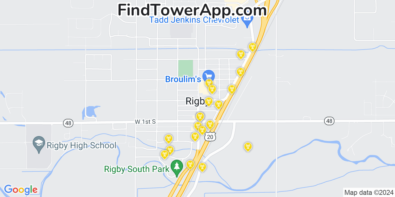 AT&T 4G/5G cell tower coverage map Rigby, Idaho
