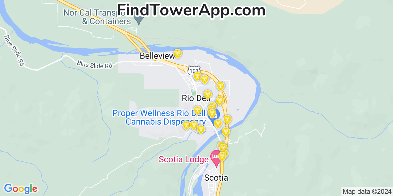 Verizon 4G/5G cell tower coverage map Rio Dell, California
