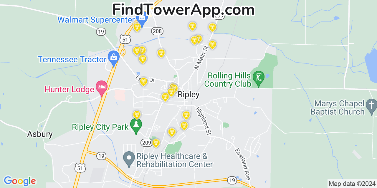 AT&T 4G/5G cell tower coverage map Ripley, Tennessee