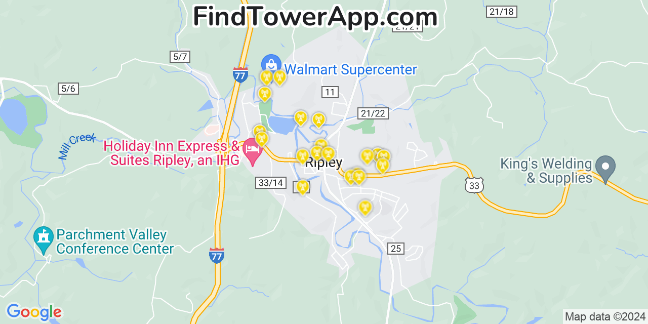 AT&T 4G/5G cell tower coverage map Ripley, West Virginia