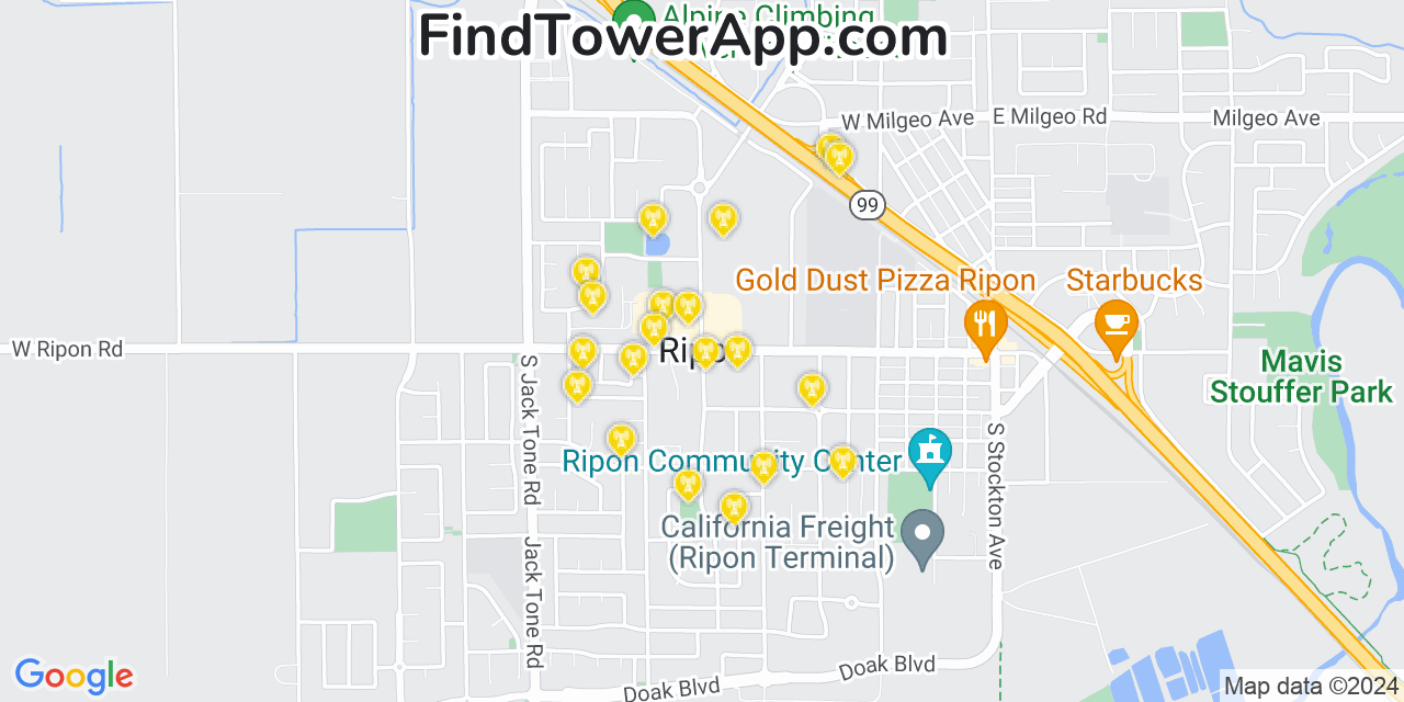 AT&T 4G/5G cell tower coverage map Ripon, California