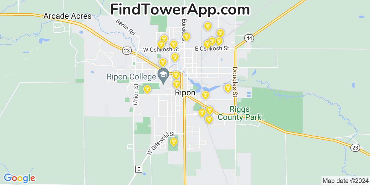 AT&T 4G/5G cell tower coverage map Ripon, Wisconsin