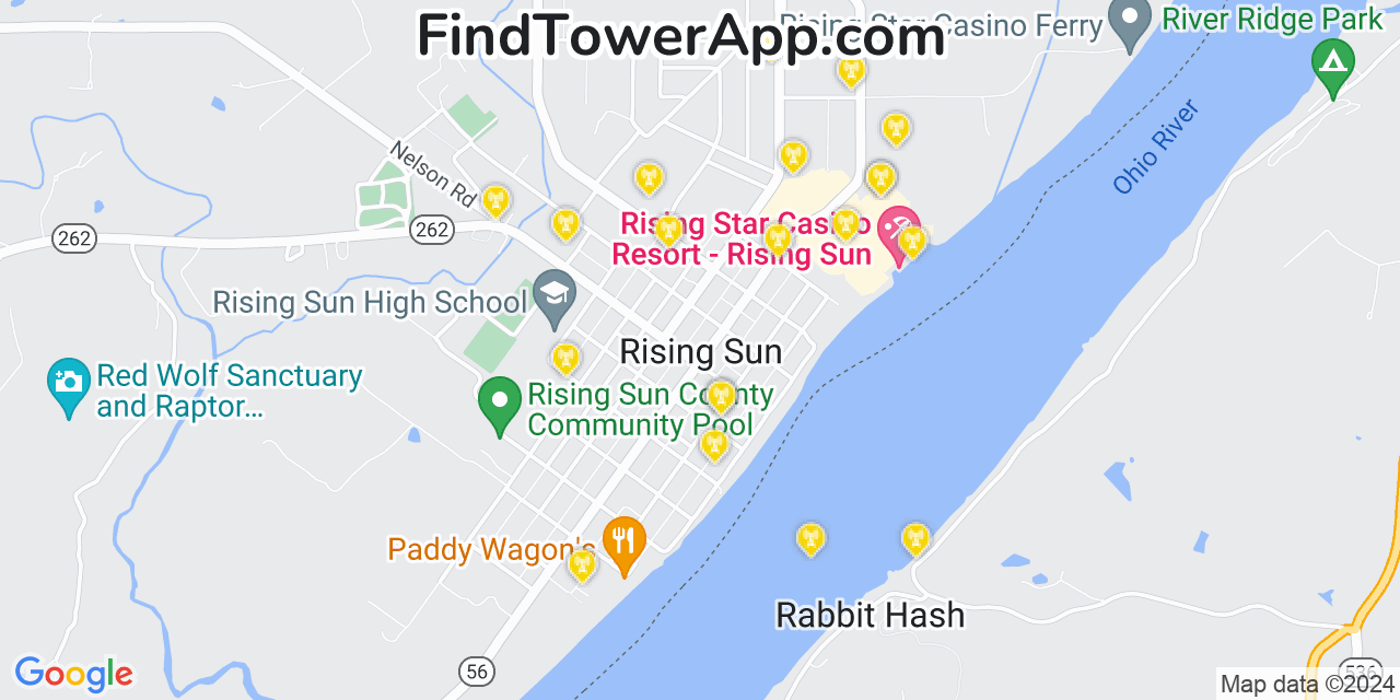 AT&T 4G/5G cell tower coverage map Rising Sun, Indiana