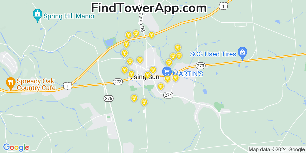 AT&T 4G/5G cell tower coverage map Rising Sun, Maryland