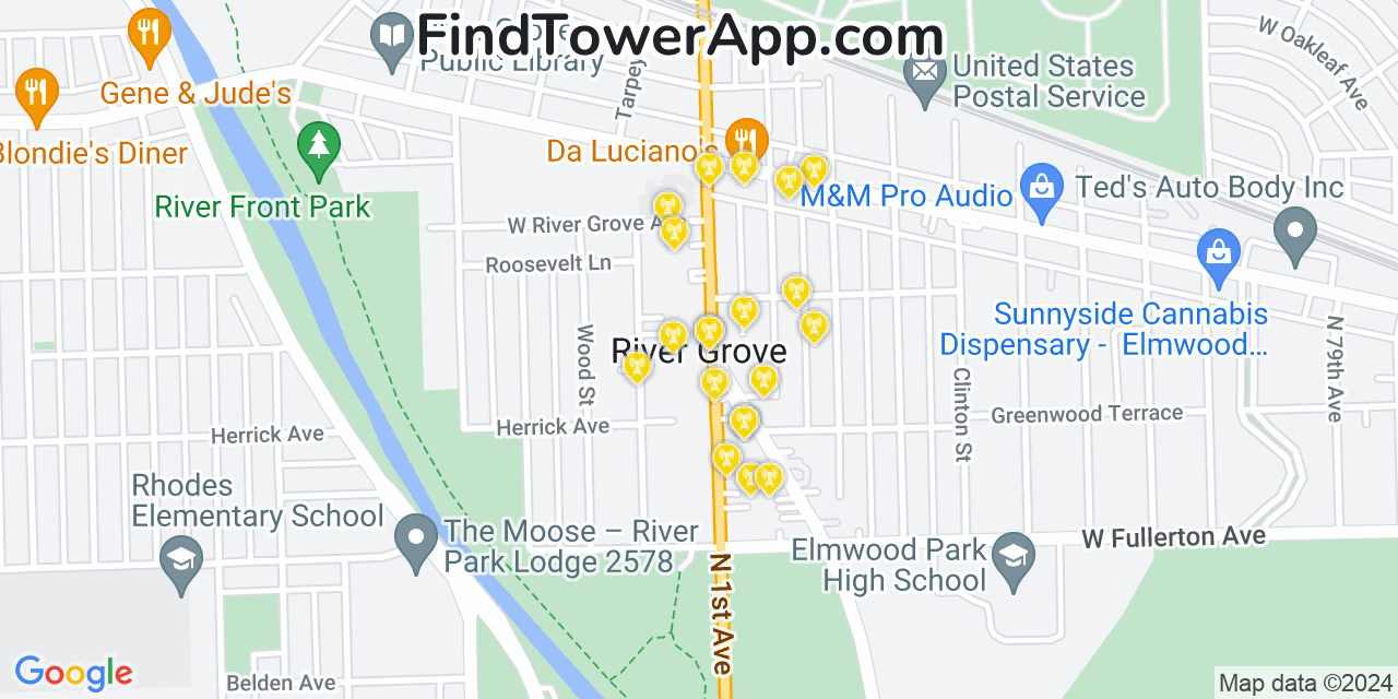 AT&T 4G/5G cell tower coverage map River Grove, Illinois