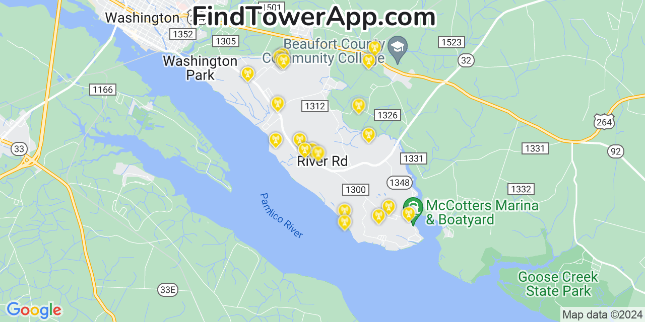 AT&T 4G/5G cell tower coverage map River Road, North Carolina