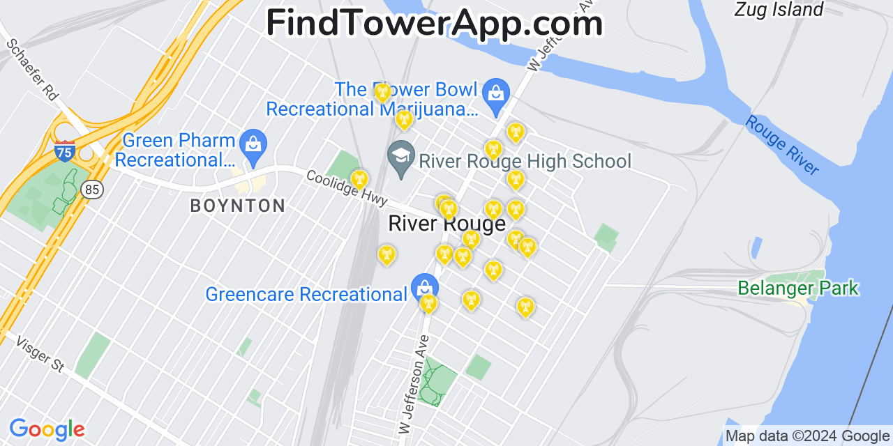 AT&T 4G/5G cell tower coverage map River Rouge, Michigan
