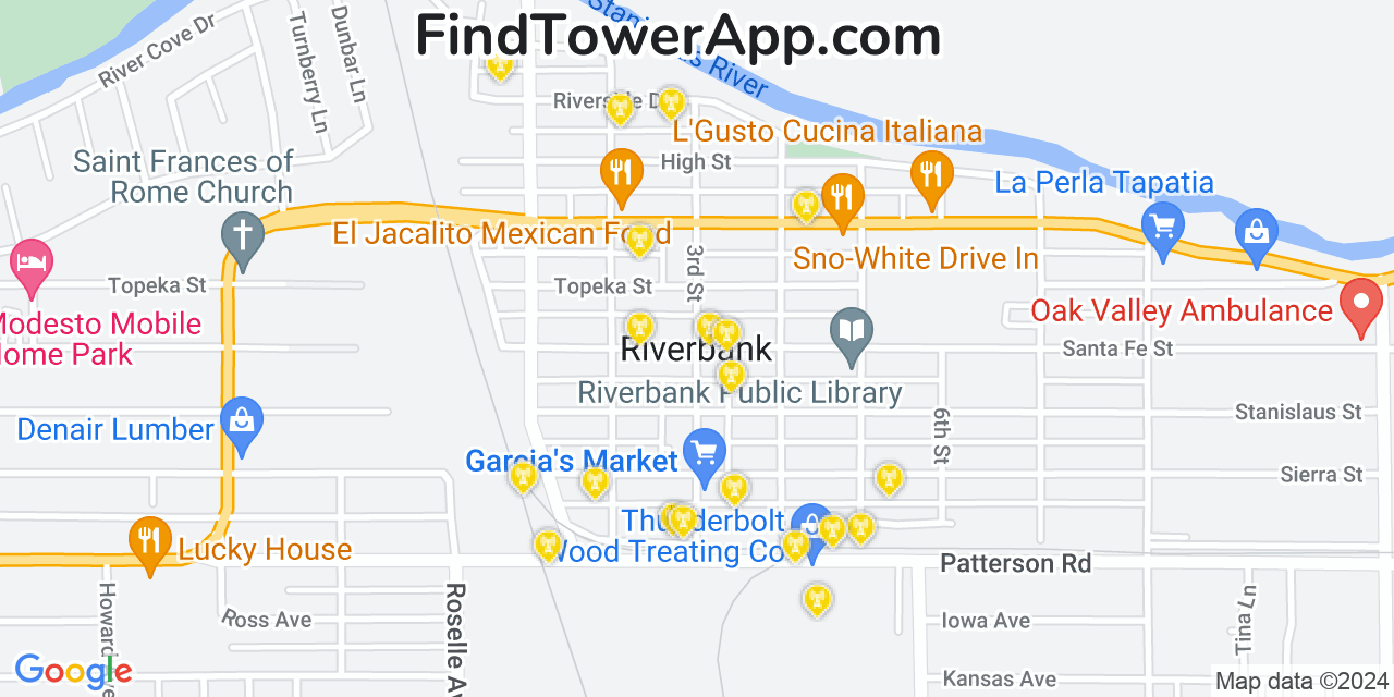 AT&T 4G/5G cell tower coverage map Riverbank, California